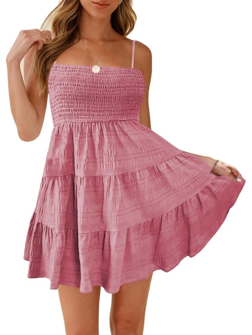 Women's Pink Spaghetti Strap Sleeveless Smock Cami Mini Dress Summer Flowy Boho